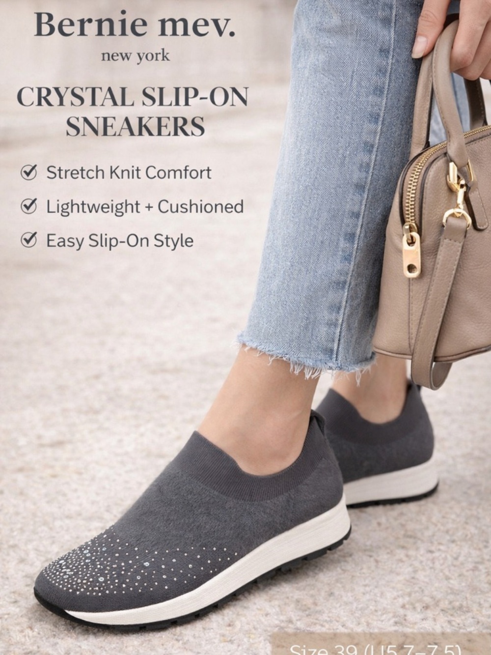 NEW bernie mev. New York Gray Crystal Slip on Stretch Comfort Sneakers Sz 38